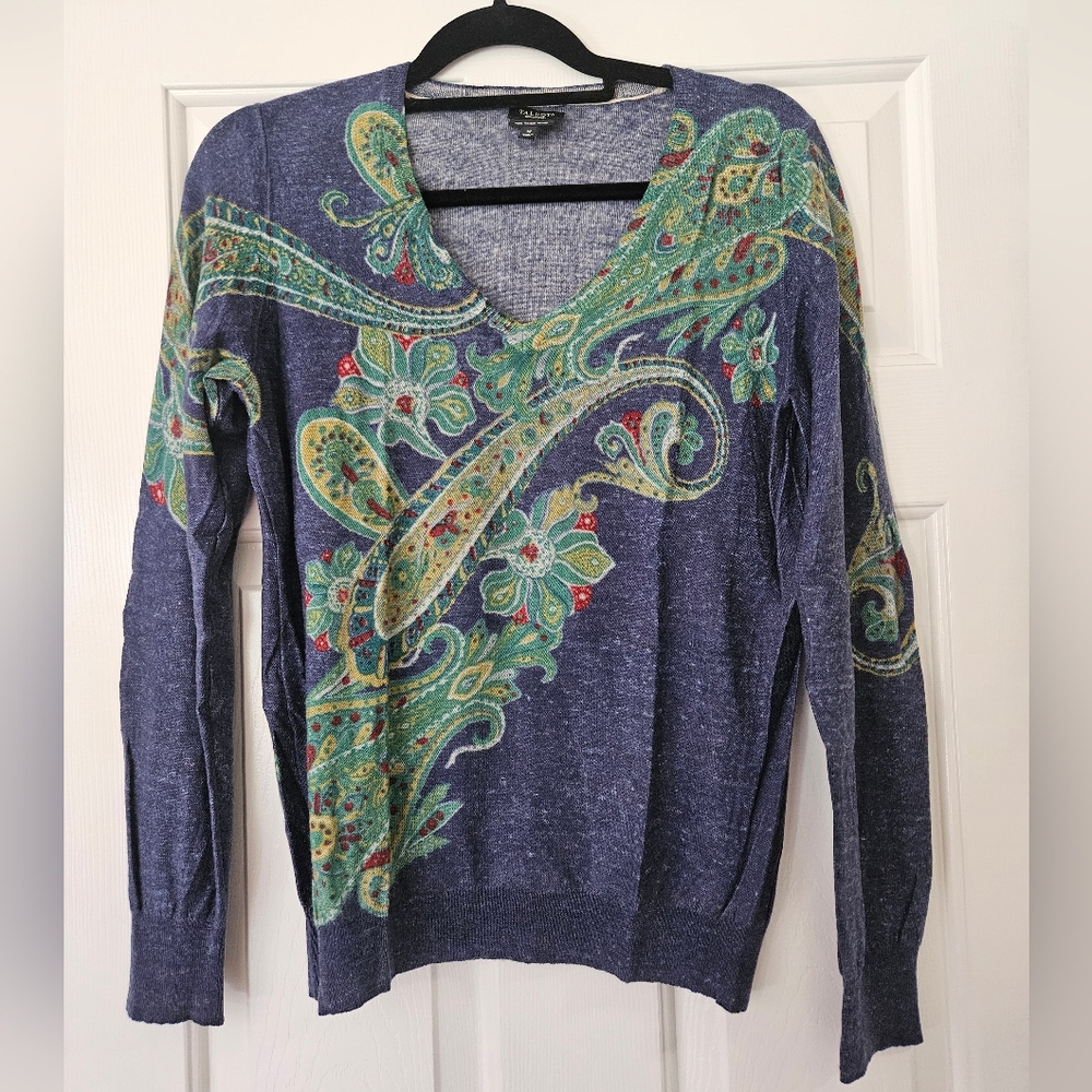 Talbots Blue Green Paisley Merino Wool V-Neck Sweater size M